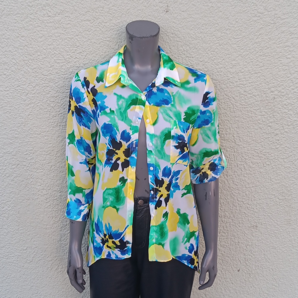 Womyn (Jordan) Ladies Floral Polyester Fabric Multicolored Button Down Top